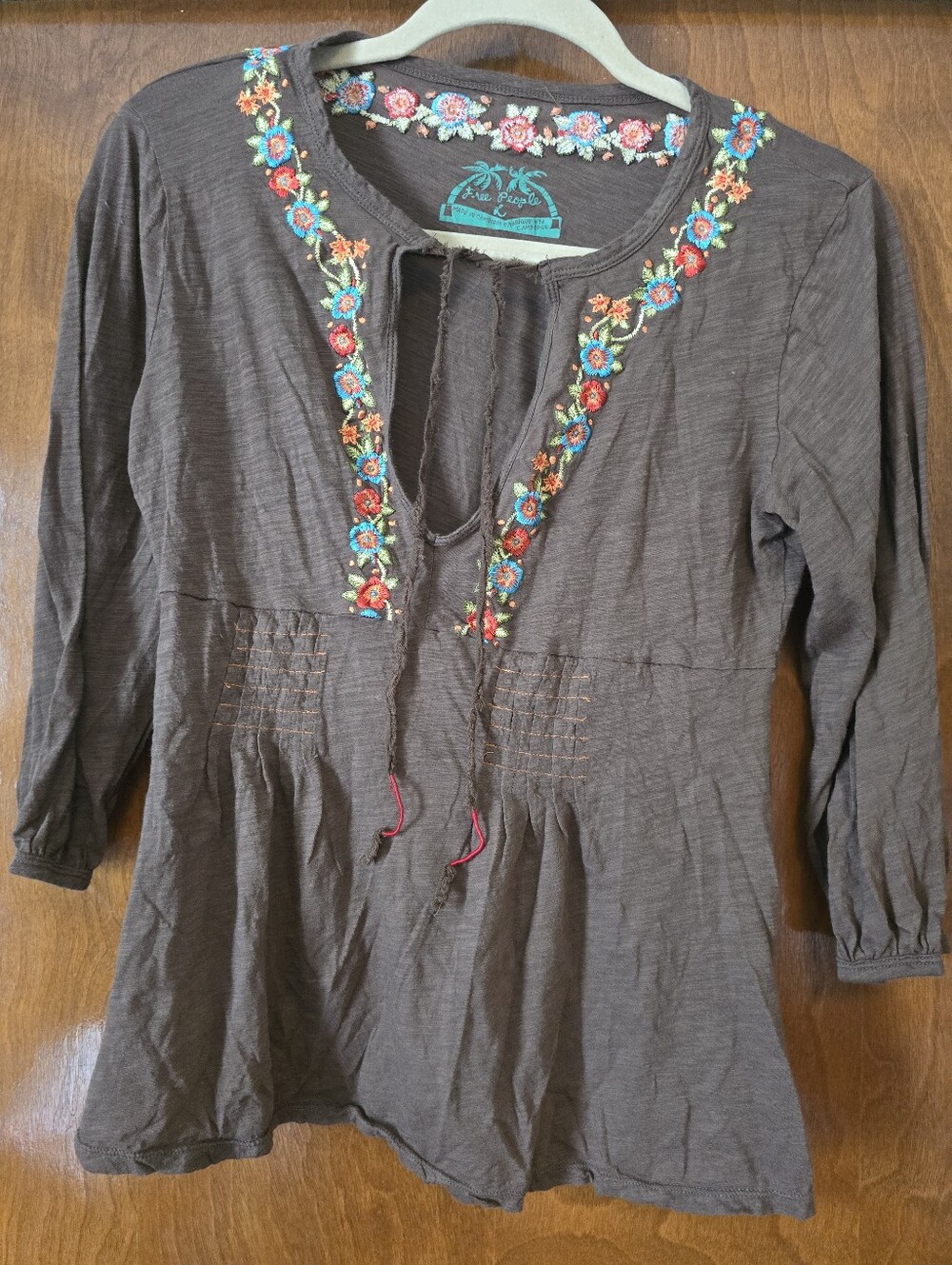 Free People BOHO  Brown Embroidered V-Neck Peasant Tunic